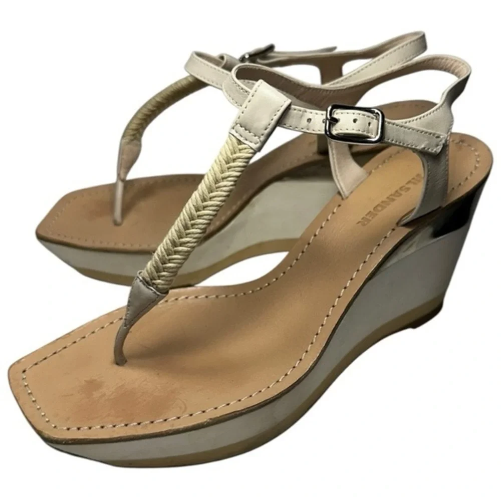 Jil Sander Women’s 37 7 White Tan Metallic Gold Roped T-Strap Platform Sandals
